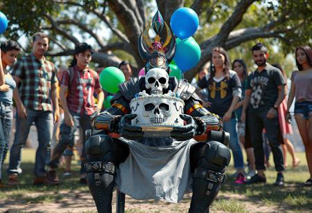 "A vibrant concept art scene of a Super Soldier Soul seated on a chair, holding a cake adorned with a skull-and-crossbones design. Surrounding him, a group of people stand, adding a lively and joyful atmosphere. The cake is decorated with blue and green balloons, enhancing the festive vibe. The setting is outdoors, with a tree in the background, creating a casual and joyful environment. Rendered in hyper-realistic 3D with Octane Render, featuring lifelike details, sharp lines, and stunning colors. The composition is balanced, with intentional focus on the Super Soldier Soul and the cake. Inspired by contemporary aesthetics and Grammer Effect Style, the scene conveys vivid emotions and a powerful message. Trending on ArtStation, 8K, ultra-detailed, and impeccably composed."