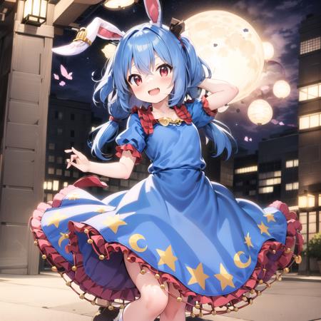 (masterpiece), best quality,1girl,seran,dress,seiran (touhou),frilled dress,blue hair,Rabbit ears,red eyes,twintails,low twintails  ,ear tag<lora:SeiranTouhouProject_v011:0.8>