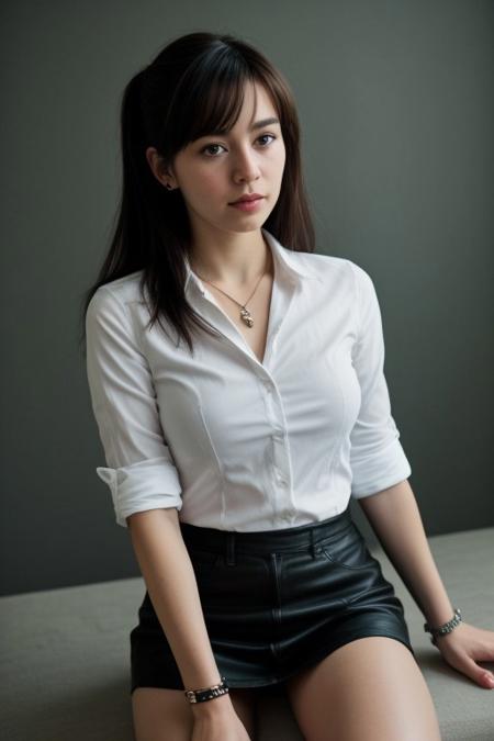 score_9, score_8_up, score_8, 1girl, solo, perfect face, light blue eyes, boot heels, formal white shirt, black skirt, cowboy shot, small breasts, long black hair, red highlights, elegant ponytail, bracelet, necklace, parted bangs, hand on hip, refined, volumetric lighting, cinematic lighting, blurry background, close up
