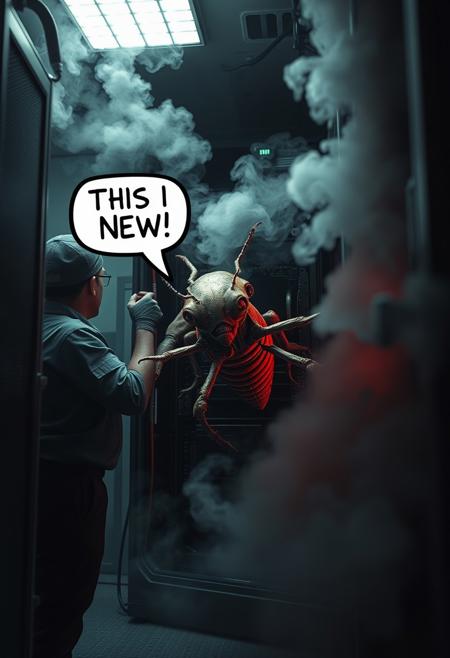 "A maintenance worker in a dimly lit server room, opening the case of a GPU server. Dense smoke fills the air, creating an eerie atmosphere. A comically scary alien bug with exaggerated features crawls out of the server, its body reminiscent of H.R. Giger's biomechanical style. The scene blends dark humor with surreal, Gothic aesthetic. Intricate mechanical details, tubes, and organic forms inspired by Giger's art style. High contrast lighting emphasizes the smoke and alien creature. A speech bubble near the worker's head contains the text 'THIS IS NEW' in bold, stylized letters that match the overall aesthetic."