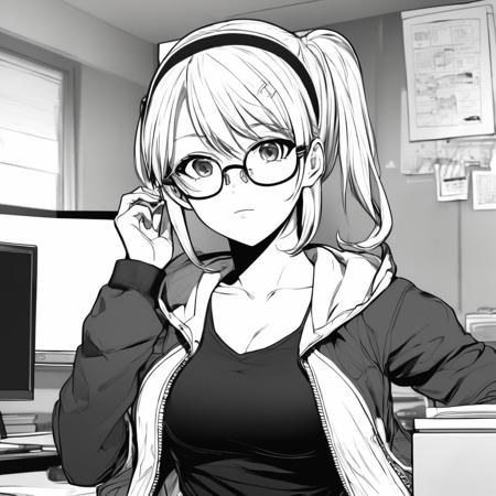 best quality, anime, wearing a jacket, big breast, glasses, focus on face, room, manga, (lineart), (monochrome), black and white, (colorless)
,Lineart, LineAniAF
,<lora:LineAniRedmondV2-Lineart-LineAniAF:1>