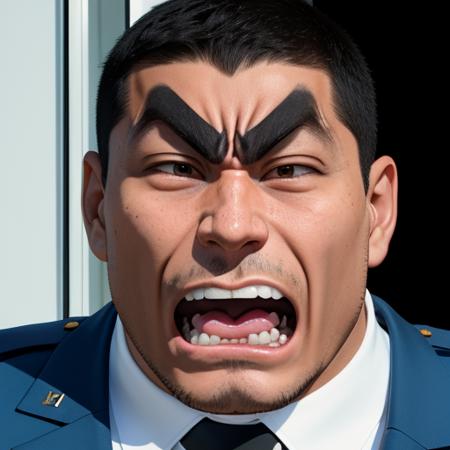 k4nk1ch1 man, <lora:k4nk1ch1 -000059:0.6>  angry, teeth, police uniform, black eyes, connected eyebrow, closed mouth