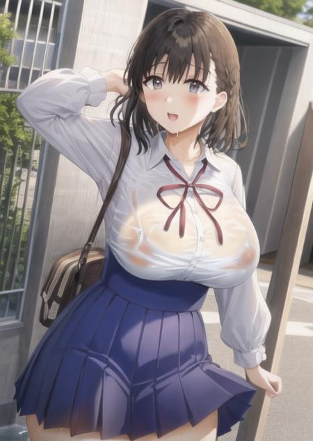 thick thighs, large breasts, woman,(netorare),toshoshitsunokanojoseisonakimi,school uniform, school background,wet,<lora:ToshoshitsunoKanojoSeisonaKimi-08:0.85>