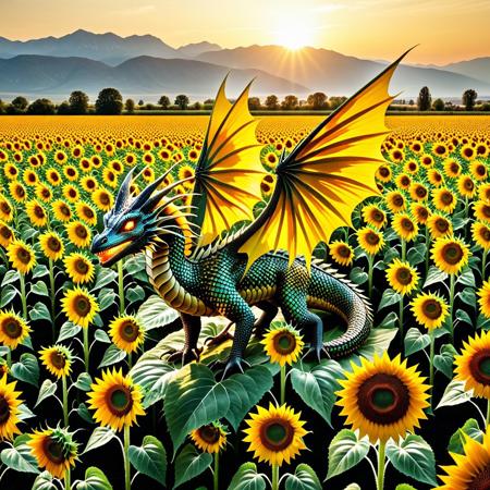 lazypos,  
(masterpiece), (best quality), (absurdres), (digital painting), BREAK
(a majestic eastern dragon, body covered in shimmering sunflowers), (scales replaced with rows of petals and intricate leaves), (eyes glowing like sunflower centers), (tail trailing a cascade of pollen), BREAK
(flying over endless fields of sunflowers at sunset), (wings casting long shadows), (distant mountains and golden skies), BREAK
(grand, epic fantasy), (warm golden palette), (majestic and legendary aura),