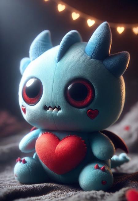 masterpiece,ultra-high resolution,incredible composition,extremely detailed, tiny monster plush with googly eyes, sharp teeth, rage extraterrestrial inside it, in space. made of beaten enchantment made ral-smlvltnpls