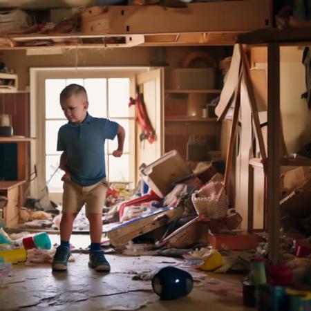 Wide angle little boy in messy cluttered house full of toys, chaotic cabin in background. vibrant, photorealistic, realistic, dramatic, dark, sharp focus, 8k.