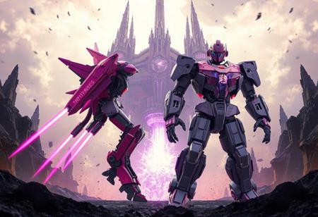 "Epic 3D render of two harmonized mechs poised for battle before the colossal Fandora, the Flying Fortress—a floating citadel of jagged obsidian spires, crackling violet energy cores, and levitating debris fields.
Left: Flying Pegasus Railroad Stampede – A sleek jet-form mechanoid in electrified magenta and royal purple, its wings swept back with ion thrusters blazing neon-pink plasma trails. Carbon-fiber hull adorned with holographic racing stripes and retractable missile pods.
Right: Super Defense Robot Lio – A towering humanoid guardian with matte-lavender armor, hydraulic limbs poised in a defensive stance, and a chest-mounted prismatic shield generator. Its visor glows with AI-targeting grids, while retractable tungsten claws extend from its fists.
The duo flank a central energy vortex, their mirrored poses creating dynamic symmetry. Fandora looms with storm-wracked skies, its foundations crumbling as gravitational anomalies distort the battlefield. Dramatic Dutch angle shot using Unreal Engine 5 ray tracing, Octane Render hyper-textures, and Raphael-style chiaroscuro lighting. Metallic surfaces reflect aurora-like energy waves, while splash ink effects blend with Houdini particle storms for a retro-futuristic clash. 8K resolution, ArtStation-trending composition, golden ratio framing, dominated by cyber-magenta and void purple with chromatic combat accents."