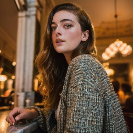 <lora:millie_brady-000040:1> millie brady woman a close up portrait photo of a beautiful  woman in a paris cafe, wearing vintage clothing, moody, vines, organic, modern, (high detailed skin:1.2), 8k uhd, dslr, soft lighting, high quality, film grain, Fujifilm XT3