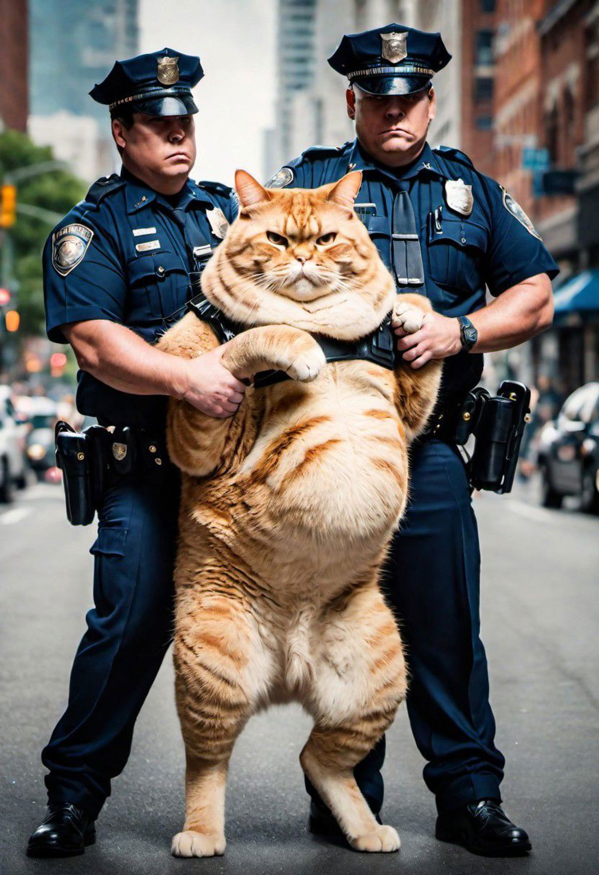 Two police officers holding a large orange cat, or possibly a large person in a cat costume.