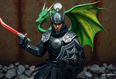 Generate a 4K, hyper-detailed image of a Senior Silver Ninja in black armor with silver metallic textures, wielding a red sword in his right hand and a shield in his left. His helmet features a plume, and his face shows regal determination. Behind him, a vibrant green dragon with iridescent scales perches on a rock, wings fully extended in a dramatic pose. The scene is set against a rusted metal wall with scattered jagged rocks, emphasizing an industrial, rugged environment.  
Apply a hybrid of Raphael’s classical aesthetics and Houdini’s dynamic motion, using Octane Render for metallic armor and Unreal Engine 5 for realistic lighting. Compose the image in isometric perspective with golden ratio alignment, placing the ninja in the center and the dragon slightly off-center. Include splash ink effects for atmospheric depth, balanced lighting to highlight the dragon’s wings and the ninja’s expression, and ensure the colors (black armor, red sword, green dragon) create a striking contrast.  
The image should convey a powerful, triumphant moment with vivid emotions, adhering to ArtstationHQ trending standards. Prioritize exceptional quality, sharp lines, and lifelike facial details.