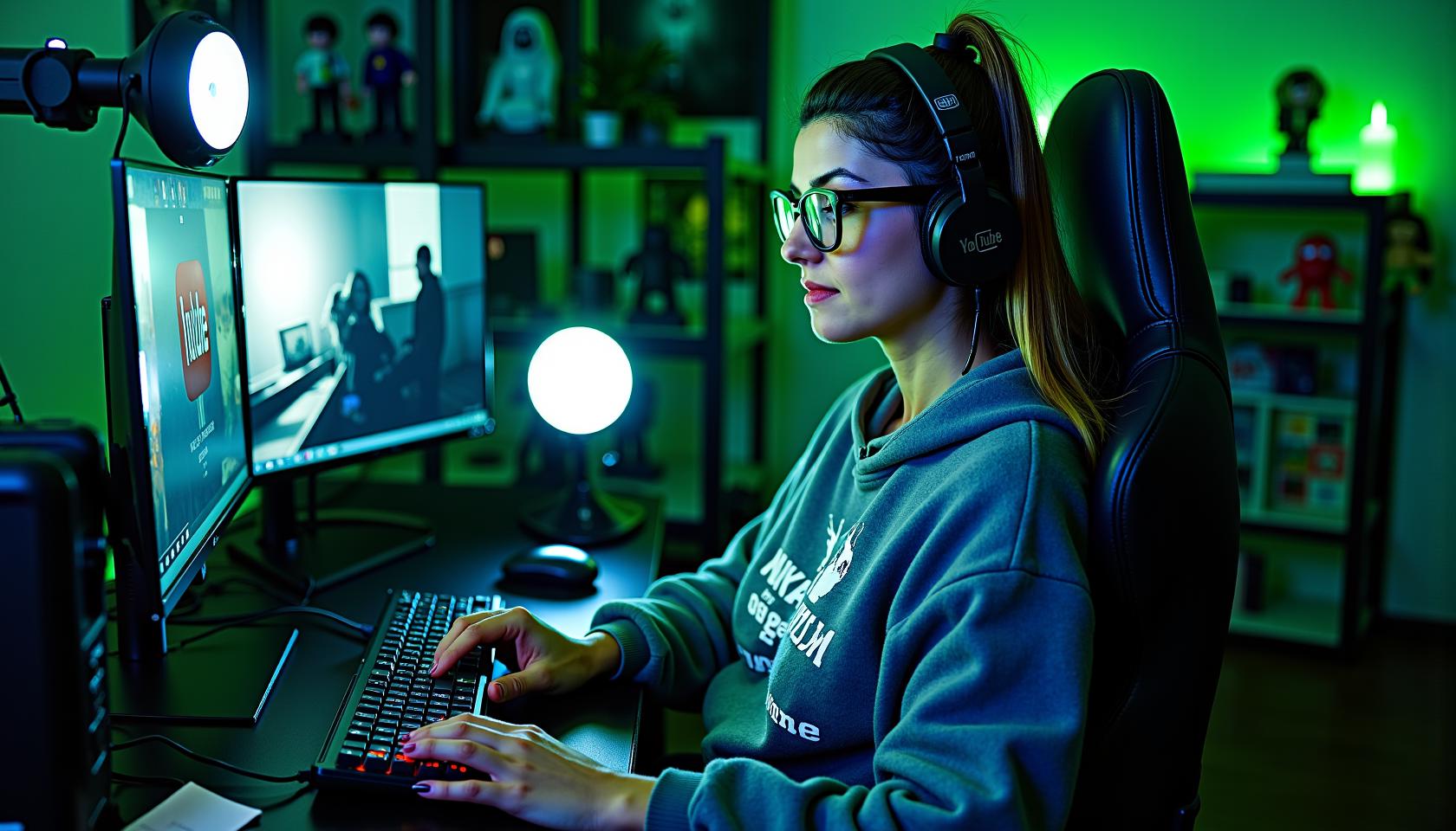 In the vibrant gaming atmosphere, the 35-year-old woman sits comfortably in her gaming chair, surrounded by the dynamic glow of green and blue LED lights that pulse rhythmically with her gameplay. She wears sleek black glasses that frame her focused eyes, reflecting the flickering images on her monitors. On one monitor, the iconic YouTube logo is prominently displayed, perhaps showcasing a gameplay video or a walkthrough of her favorite horror games. The other monitor features a chilling scene from Silent Hill, its eerie graphics and haunting atmosphere perfectly complementing her love for horrific games. To enhance her streaming setup, a circular flash light is positioned in front of her, providing soft, even illumination that highlights her features without harsh shadows. This lighting creates a professional look for her stream, ensuring that viewers can see every expression as she reacts to the game’s terrifying moments. Her gaming area is adorned with decorations that resonate with the horror theme. Shelves are lined with action figures of classic horror characters, while posters of spine-chilling scenes from various horror games and films cover the walls. The green and blue LED lights cast an atmospheric glow across her face, enhancing the intensity of her experience. Dressed in a cozy oversized hoodie featuring a graphic from a beloved horror game, she exudes both comfort and style. The hoodie drapes loosely over her shoulders, while her favorite joggers complete the relaxed yet chic ensemble. As she leans forward in anticipation, the LED lights flicker in response to the action on screen, casting shadows that dance around the room and heightening the suspense. Her long hair is pulled back into a casual ponytail, allowing her to focus entirely on the game.