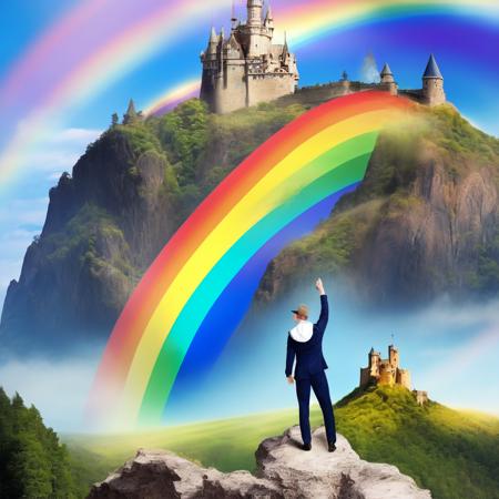 (rainbowfusion style:1) a man standing on top of a mountain with a castle in the background <lora:djzRainbowFusionV21_LoraBooth:1>