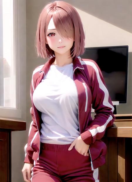 realistic, 1girl, solo,  <lora:hoshino_miyako-v2:0.8>, hoshino_miyako, red hair, red eyes, hair over one eye, short hair, indoors, track pants, white shirt, large breasts, t-shirt, track jacket, open jacket