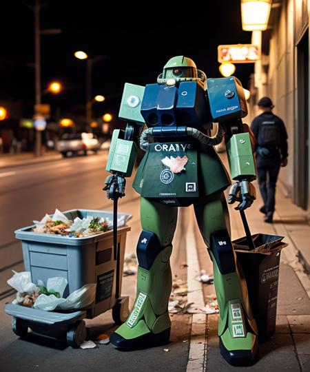 drunk homeless mecha, ripped blouse, intricate enviroment, intricate texture of skin, food waste, trash, garbage, night, night street lights, carton boxes<lora:zaku:1>