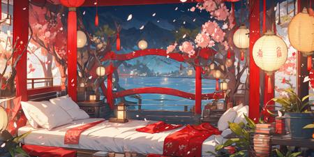 (masterpiece:1.2), best quality,PIXIV,cozy animation scenes,
scenery, lantern, no humans, east asian architecture, architecture, tree, chinese text, petals, lattice, water, boat, watercraft, indoors, paper lantern, window, lamp,bedroom,
 <lora:cozy animation scenes_20230824111332-000018:1>