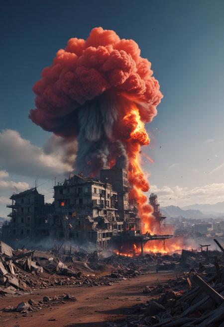 Mass epic nuclear strike, thermo-nuclear war, Ultra-realistic of sinister Nuclear war, Mushroom cloud in the background from a ground based nuclear explosion, a fiery pressure wave devastates buildings and there are pieces of ruins everywhere, Chesley Bonestell, The nuclear Apocalypse cinematic James Cameron, Sinisterly detailed, Perfect, high detail, fire and dark color scheme with deep saturation, artstation, cinematic lighting, Photograph Taken on Nikon D750, Intricate, Digital Illustration, Scenic, HyperRealistic, HyperDetailed, Unreal Engine, CryEngine, Octane render, extremely high resolution 8K, Greg Rutkowski, deep color, Cinematic Lighting, intricate, smooth, sharp focus, digital painting, blue and red as complementary colours, Apocalyptic war, light and shadow, three-dimensional lighting, combination of various colors and shades, Digital Illustration, Intricately Designed buildings city, Intricate, Intricate cinematic lighting, Digital Illustration