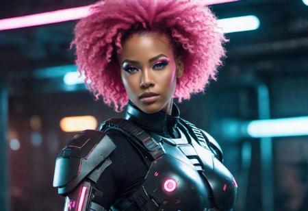 ultra wide action scene, a sexy half african half caucasian female cyberpunk military officer with realistic pink afro hair. glowing white eyes, one cyborg arm, cyborg face implants, beautiful strong facial expression, cyberpunk military uniform, her platoon saluting her