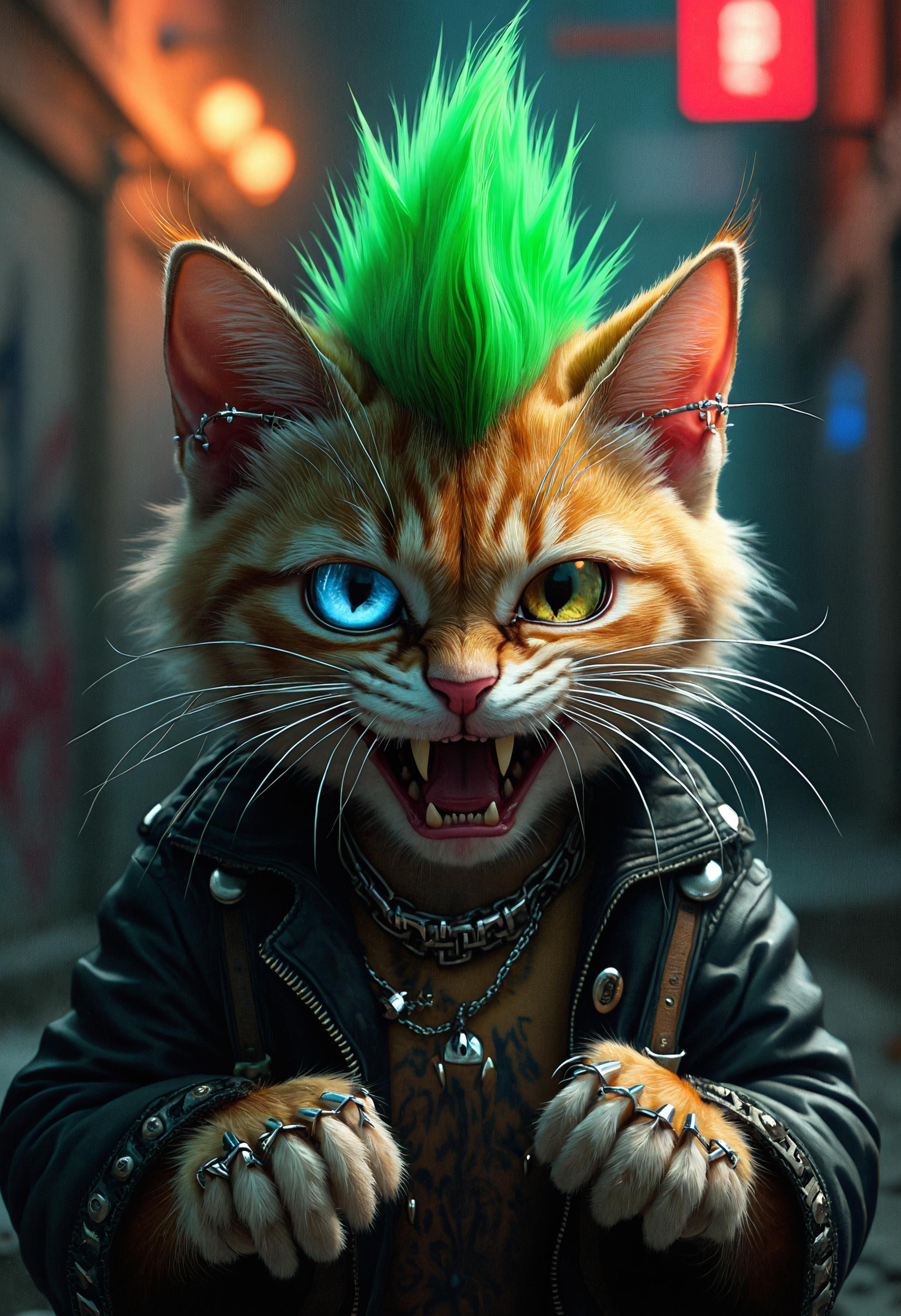 Extreme close-up of a rebellious punk rock cat, snarling with attitude. Shaggy paws.  Vibrant green mohawk standing tall, each spike meticulously detailed. Pierced ears adorned with multiple silver rings. Intense, mismatched eyes - one electric blue, one fiery amber. Whiskers adorned with tiny safety pins. Furry paws, furry toes. Worn leather collar studded with chrome spikes. Background hints at a graffiti-covered alley. Hyper-realistic fur texture, capturing individual strands and subtle color variations. Dramatic side lighting accentuates the mohawk and facial features.