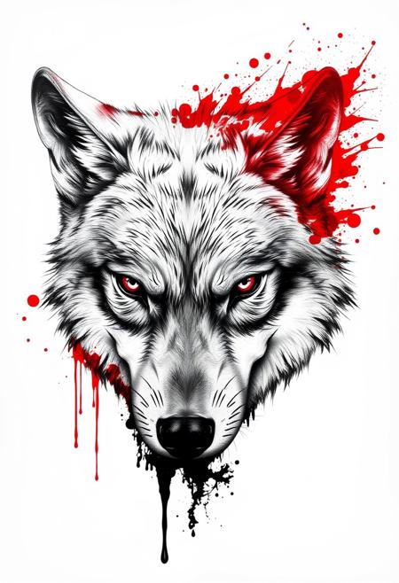 White background, a Wolf's head breaks through the background, the top half of the Wolf's head is red faint blood, the bottom half is black faint ink