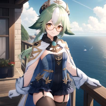 ((masterpiece)),(best quality),official art,extremely detailed CG,unity 8k wallpaper,ultra detailed,A lighthouse on a cliff by the sea,1girl,solo,upper body,looking at viewer,gloves,green_hair,hat,knee_boots,white_footwear,glasses,animal_ears,long_sleeves,long_hair,orange_eyes,gold_trim,multicolored_hair,smile,garter_straps,cat_ears,high_heels,black_thighhighs,semi-rimless_eyewear,ponytail,blue_dress,beret,cape,<lora:Sucrose(gen)>,