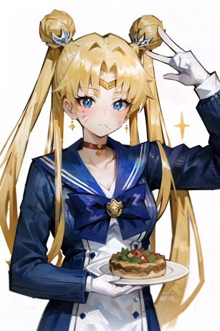 1girl, solo, tsukino usagi, bangs, blue eyes, parted bangs, food, crescent, blonde hair, twintails, shirt, holding, sailor collar, white background, long hair, blue shirt, long sleeves, upper body, double bun, sparkle, food on face, blush, hair bun, sailor moon, white sailor collar, closed mouth, facial mark, eating, holding food, simple background, looking at viewer, forehead mark, child, red choker, hair intakes, crescent facial mark, neckerchief, hair ornament