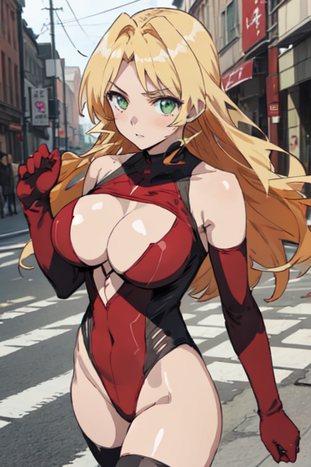 MeiMomozono, 1girl, solo, long hair, blonde hair, large breasts, thighhighs, elbow gloves, cleavage, green eyes, red leotard, clothing cutout, cleavage cutout, 