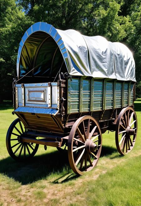 Concept photo, Incredibly Detailed Accurate Picture Of a 1838 Covered Wagon Made Completely From Used Scrap Metal And Foil