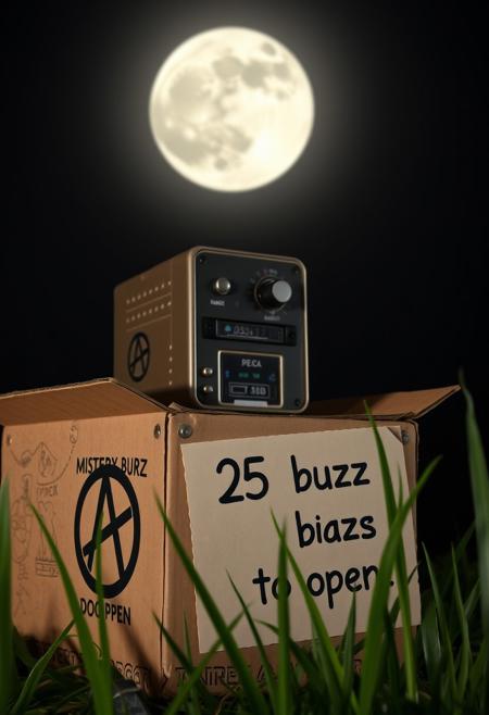 buzz machine, a cardboard box, little ruined, with anarchy symbols on sides, having written "MISTERY BUZZ BOX DO NOT OPEN", second cardboar WITH "25 buzz to open" , full moon in background illuminate the scene, few long blades of acid green grass