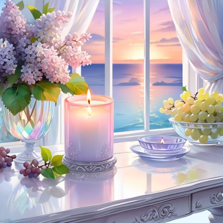 a beautiful burning scented candle in an iridescent shiny glass, the candle flame is in delicate pink transparent colours, the candle stands on a white antique wooden table, beautiful reflection, around the candle are white lilac flowers, white orange blossoms and white grapes, in the background an open white window with the sea in the background, delicate beautiful sunset and silky pastel clouds, highly detailed, studio photo, sharp focus, Watercolor, trending on artstation, sharp focus, studio photo, intricate details, highly detailed, by greg rutkowski