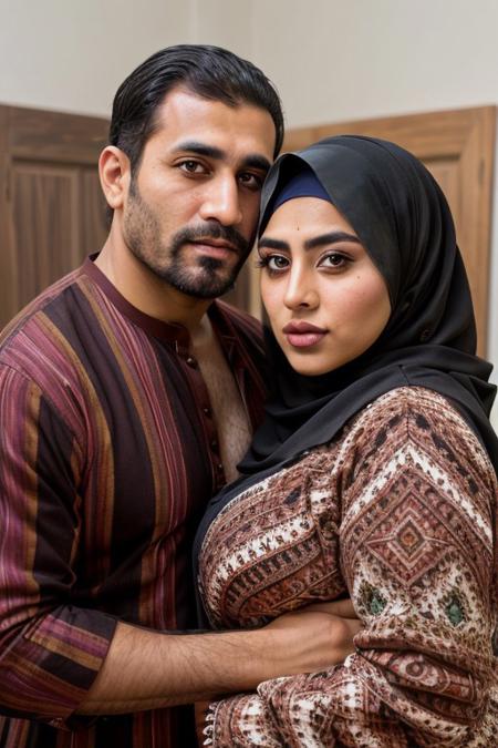 high quality, 2characters, 2peoples, straight couple, couple, Afghan, traditional clothes, happiness, brown eyes, 1male, DILF, rough looking, manly face, strong facial features, full beard, thick hair, hairy chest, hairy body, 1female, huge tits, big boobs, curvy body, big Cleavage, wide hips, thick hips, hijab