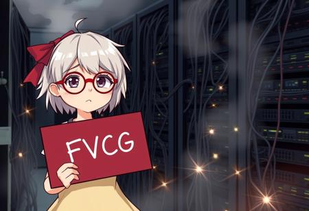 “A cute girl stands in front of a smoking server room filled with computer racks and tangled cables. She has silver blonde, messy hair adorned with a red ribbon and wears round glasses. The girl holds a burgundy sign that reads, "FVCG" Her expression is a mix of innocence and slight worry, while the background features sparks and light smoke rising from the malfunctioning server equipment.”