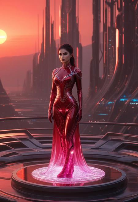 mouni roy, android woman , standing on a polished crystal platform in a futuristic alien city bathed in the warm glow of a crimson sunset. Her ethereal form, crafted from translucent materials, polished chrome, and glowing crimson energy lines, hints at a fusion of biological and technological origins. Her porcelain-like skin reflects the warm hues of the setting sun, creating a soft, otherworldly luminescence. Beneath her translucent skin, intricate gears, wires, and pulsating crimson energy conduits reveal a complex inner workings. Her large, crimson eyes gaze out at the alien cityscape with a wistful expression, hinting at a deep longing and a sense of wonder in the face of the unknown. Her short, choppy crimson hair frames her delicate features, catching the light of the setting sun and adding a touch of rebelliousness to her ethereal presence.
 The gown is adorned with intricate patterns of glowing energy lines, creating a mesmerizing display of light and color. The gown reveals glimpses of her sculpted physique and the intricate mechanisms beneath her skin, a captivating blend of vulnerability and technological marvel.
The alien city is a breathtaking spectacle of towering crystal structures that catch and refract the light of the setting sun, creating a dazzling display of colors. .easynegative, detailxl, Sci-fi Environments, digital painting