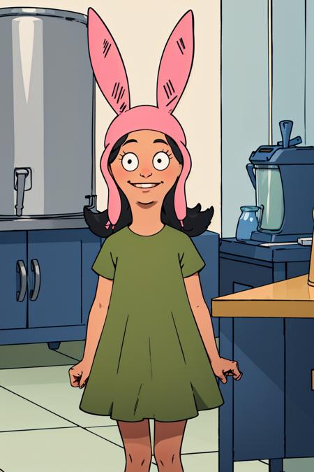 louise, 1girl, solo, rabbit ears, animal ears, black hair, smile,green dress, hat,looking at viewer, arms behind back <lora:louise-000008:0.6>