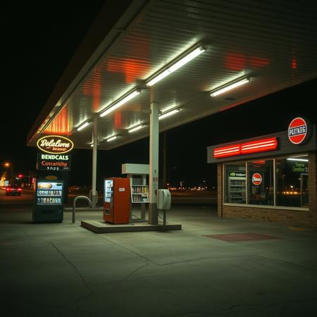 A liminal space of a deserted gas station at night, evoking a strange sense of familiarity, as if you’ve been here before. The fluorescent lights buzz softly, casting a pale, flickering glow onto the cracked pavement. The neon signs, slightly faded and humming with static energy, advertise long-forgotten brands, their colors bleeding into the darkness.
The station is completely empty—no cars, no attendants, just the distant hum of the night. A single soda vending machine stands against the wall, its dimly lit buttons reflecting off the glass windows of the convenience store, which appears stocked yet abandoned. The old payphone by the entrance hangs slightly off the hook, swaying gently in the night breeze. The air is thick with nostalgia, carrying the faint scent of gasoline and asphalt warmed by the lingering heat of the day.
The world beyond the gas station fades into an endless void of empty highways and distant streetlights. No matter where you came from, or where you’re going, this place feels like a stop you’ve made before—a location between destinations, frozen in time, waiting.