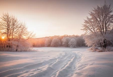 warm colors as the sun sets against a snowy landscape, in the style of soft focus romanticism, light white and dark bronze, matte photo, light silver and white, glistening