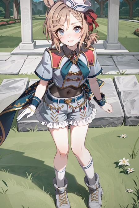 best quality,masterpiece, high res,original, beautiful detailed eyes,ultra-detailed, extremely detailed face, Vnus Parc \(umamusume\), gloves, white gloves, socks, hat, single glove, shorts, boots, white socks, kneehighs, belt, frills, white footwear, jacket, bow, short sleeves, single sleeve, cropped jacket, asymmetrical gloves, mismatched gloves, bodystocking, blush, smile, looking at viewer,  standing, outdoors, detailed background, grass, lawn
<lora:Vnus Parc-000030:0.9>