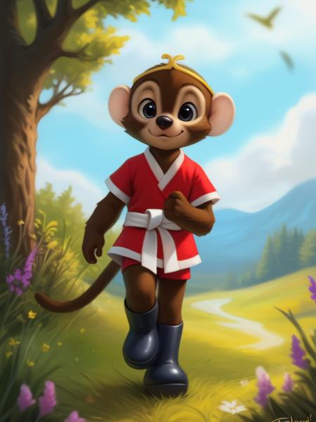   TezOsaMonBokSon, primate, monkey, red shirt, white belt, golden headband, black boots, chibi, 