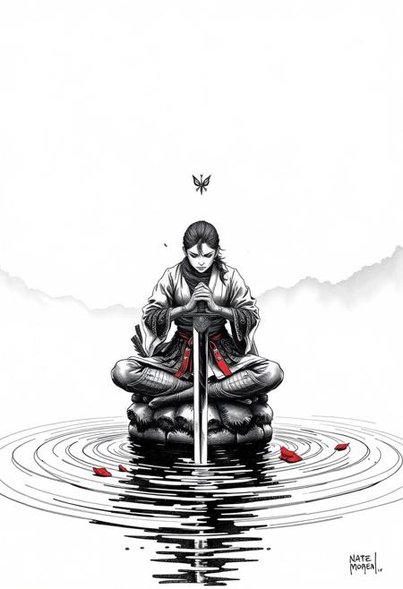 A lone warrior meditating on a foggy lake, her sword resting on the surface, as waves ripple with unseen energy
hyper-detailed black-and-white ink illustration, high-contrast ballpoint pen realism, cyberpunk and punk aesthetics, traditional Japanese elements, sharp cross-hatching, dark humor and satire, intense facial expressions, edgy fashion, minimal red accents, beauty and brutality contrast