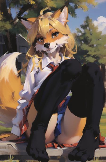 absurdres, highres, ultra detailed, masterpiece, sharp shading
fox furry girl,kid,school uniform,outdoors,blonde,spred leg,fur paws,black thighhighs,
(high detail fur,fur skin:1.3),feet focus,