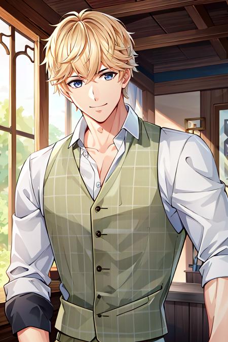 ((high_quality, distinct_image)), masterpiece, extremely_detailed_CG, illustration, 1boy, looking at viewer, handsome, beautiful_detailed_hair,  male, zhouqiluo, upper_body,  indoor, smile, toned, muscular