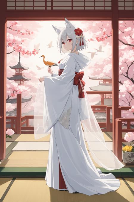 (masterpiece),(highest quality),highres,(an extremely delicate and beautiful),(extremely detailed),
1girl, tail, animal ears, bird, red eyes, fox ears, uchikake, japanese clothes, veil, tail, flower, solo, fox tail, looking at viewer, kimono, white hair, fox girl, standing, long sleeves, wide sleeves, indoors, bangs, eyebrows visible through hair, tatami, full body, closed mouth, white kimono, bride, wedding dress, red flower, bridal veil, yellow flower, holding, tree, floral print, hair ornament, hood, see-through, from side, sidelocks, animal ear fluff, animal, tassel, short hair, long hair, dress, crane \(animal\), white flower, silver hair, ribbon, peony \(flower\), hair between eyes, railing, branch, cherry blossoms,
depth of field, blurry foreground, blurry background