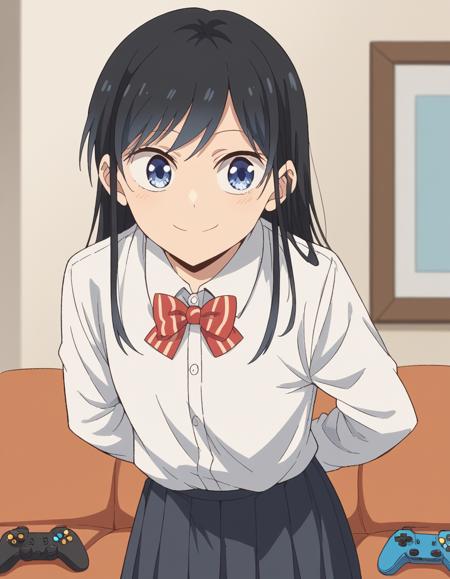 rin nanakura, long hair, bangs, black hair, blue eyes, skirt, shirt, long sleeves, bow, school uniform, white shirt, pleated skirt, striped, bowtie, striped bow, striped bowtie,