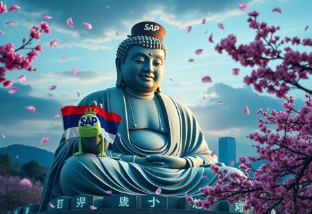 A serene and magical scene featuring a gigantic stone statue of Buddha, but with Sally's from Monsters, Inc face. The statue is in a meditative pose with Serbian flag in one hand and cap on his head with logo SAP text. The statue should resemble the Kamakura Buddha, smiling peacefully. Surrounding the statue are glowing Kanji characters, adding a mystical touch. Cherry blossom petals are blowing in the wind, filling the air.The skyline is beautiful, with high detail and an overall serene, masterpiece quality.
