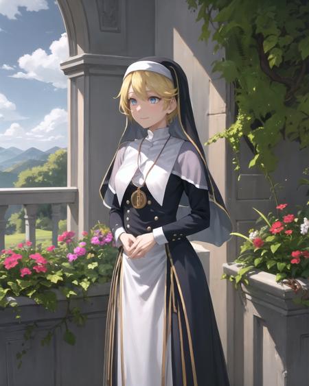 best quality, (masterpiece:1.2), illustration, absurdres,
(1girl, solo), (beautiful detailed girl), 
<lora:Rosine-06:0.8>, Rosine, blonde hair, short hair, blue eyes, small breasts,
nun outfit, nun habit, necklace,
kind, graceful, peaceful, calm, tranquil, smile, gentle,
church garden, outside church, stained glass, flowers, bush, plants, trees, sky, clouds, day, fruits, berries