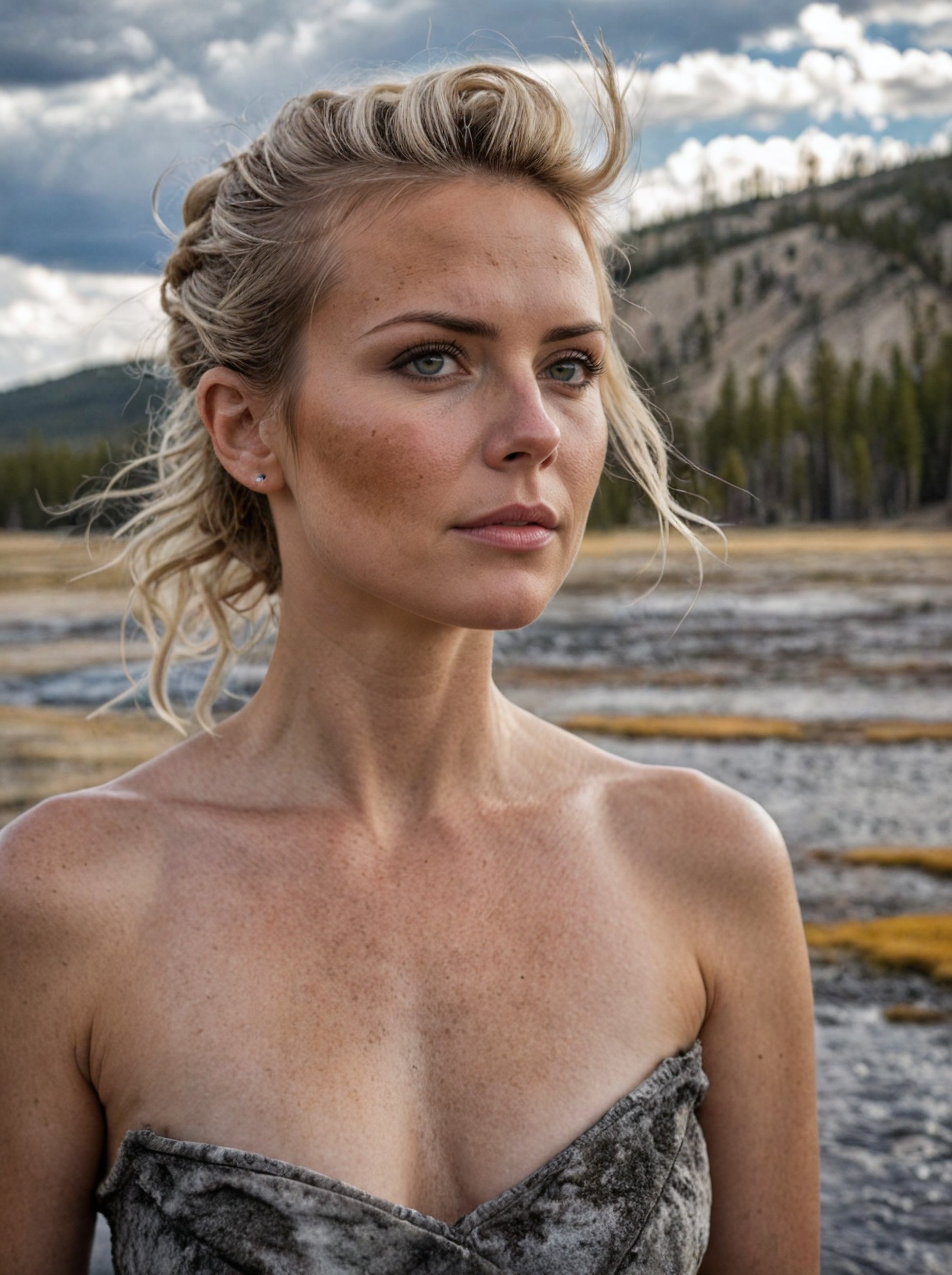 a beautiful cinematic sexy female,Bald,two-tone hair,Sharp focus,natural beauty of Yellowstone National Park is unparallel...