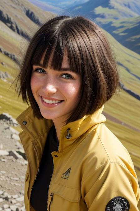 ((raw photo)),
Victoria 22 years old, beautiful face, fashion model face, hiking jacket, black tee, cargo pants, walking boots, blonde hair, messy bob cut, bangs, green eyes, close up, tanned skin, upper body shot, shy smile, on mount Snowdon.