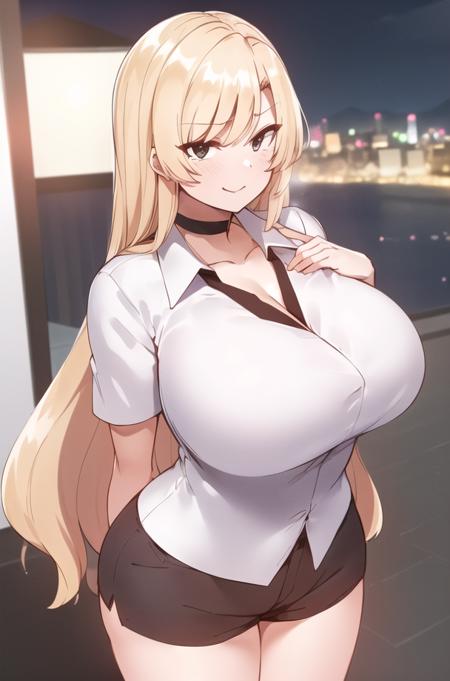 (Night:1.7), Japan, Tokyo, CityView, Before Window,
Standing at attention,
white shirt ,black collared shirt,short sleeves,short shorts,black choker,
<lora:Yejin_LIM_Learning-KK77-V2:0.7>,
blonde hair,Brown eyes,bangs,very long hair,
1 girl, 20yo,Young female,Beautiful Finger,Beautiful long legs,Beautiful body,Beautiful Nose,Beautiful character design, perfect eyes, perfect face,
looking at viewer, Evil Smile,
NSFW,official art,extremely detailed CG unity 8k wallpaper, perfect lighting,Colorful, Bright_Front_face_Lighting,
(masterpiece:1.0),(best_quality:1.0), ultra high res,4K,ultra-detailed,
photography, 8K, HDR, highres, absurdres:1.2, Kodak portra 400, film grain, blurry background, bokeh:1.2, lens flare, (vibrant_color:1.2)
(Beautiful,Large_Breasts:1.2), (beautiful_face:1.5),(narrow_waist),