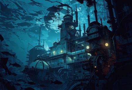 We are underwater, 100 meters below the surface, with no view of it. The perspective is a deep downward shot with exceptional visibility. A vast underwater research station, both a futuristic city and a mining extraction facility, stands at the edge of an unfathomable abyss.
The station's architecture is industrial and mechanical, made of glass and steel. A massive building topped with a colossal glass tower dominates numerous other structures, some adorned with small domes or cupolas. Multiple platforms house residential and research facilities, with scattered lights illuminating the underwater station and antennas spread throughout.
Countless air bubbles escape from the station, rising toward the unseen surface. In the foreground, additional research domes, pipelines, conduits, and immense underwater mining machines emphasize the station's industrial activity. The water is crystal clear, providing an extensive view of various fish swimming around and in the distance, weaving between the station's pipes.