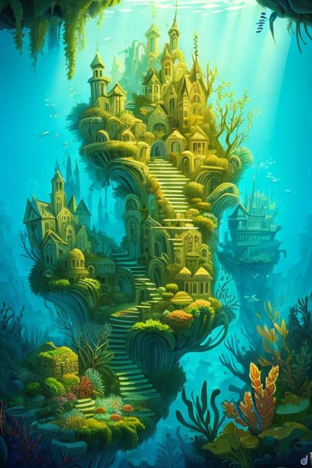 underwaterstyle  <lora:underwater_model:0.75>masterpiece of an overgrown stone city, fantasy,