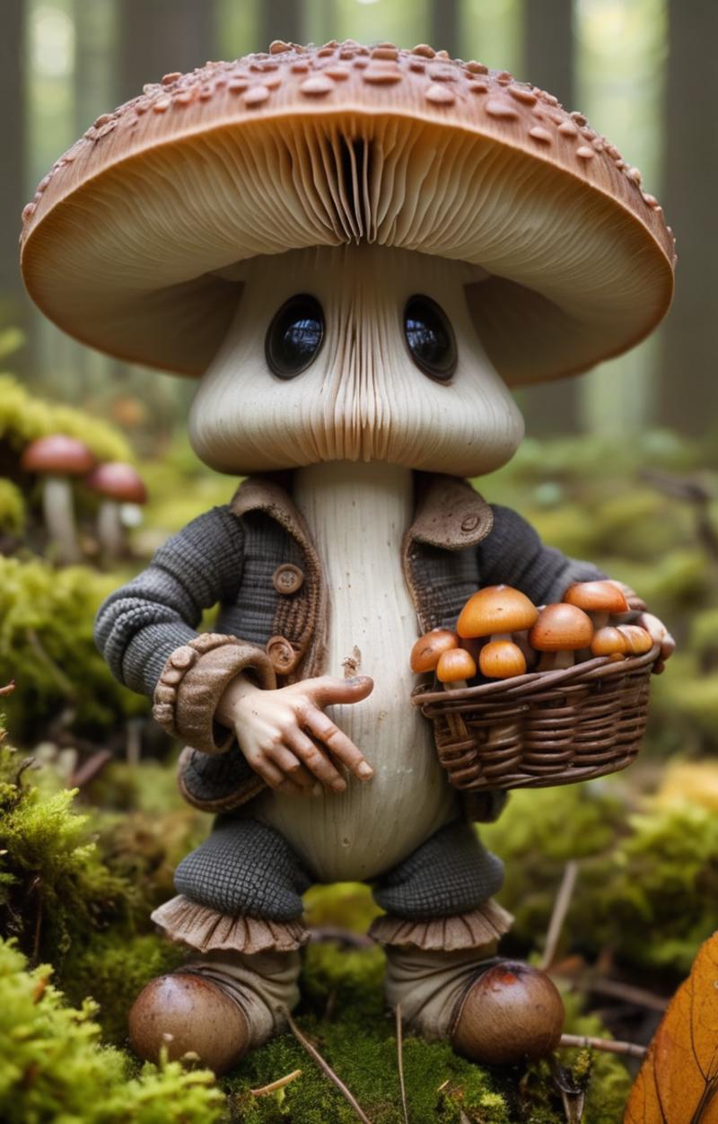 A mushroom character holding a basket of mushrooms.